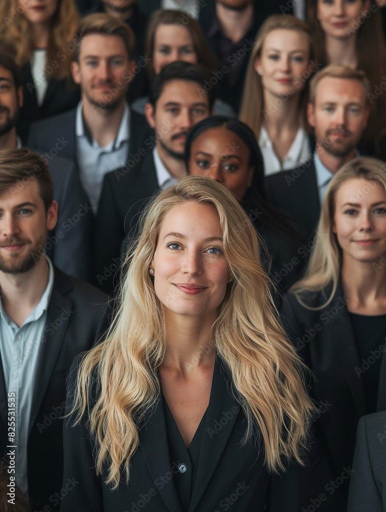 A group of business people are smiling. In the center is a beautiful woman with blonde hair wearing a suit standing out from the crowd. generative AI A group of business people are smiling. In the center is a beautiful woman with blonde hair wearing a suit standing out from the crowd. generative AI