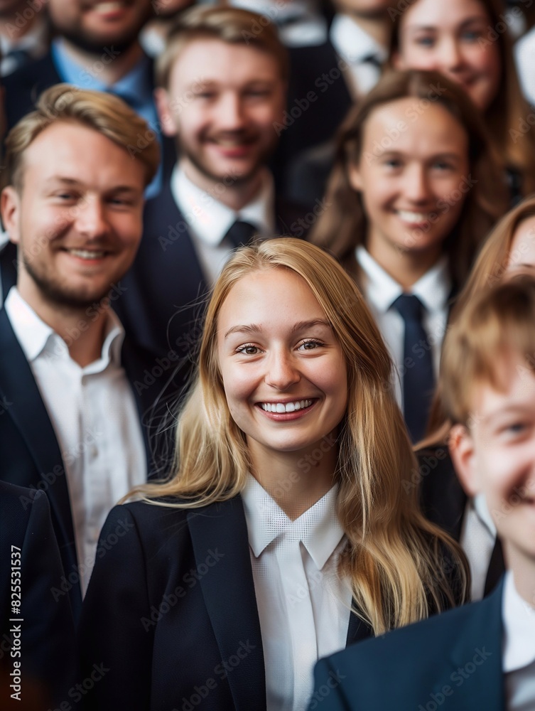 A group of business people are smiling. In the center is a beautiful woman with blonde hair wearing a suit standing out from the crowd. generative AI A group of business people are smiling. In the center is a beautiful woman with blonde hair wearing a suit standing out from the crowd. generative AI