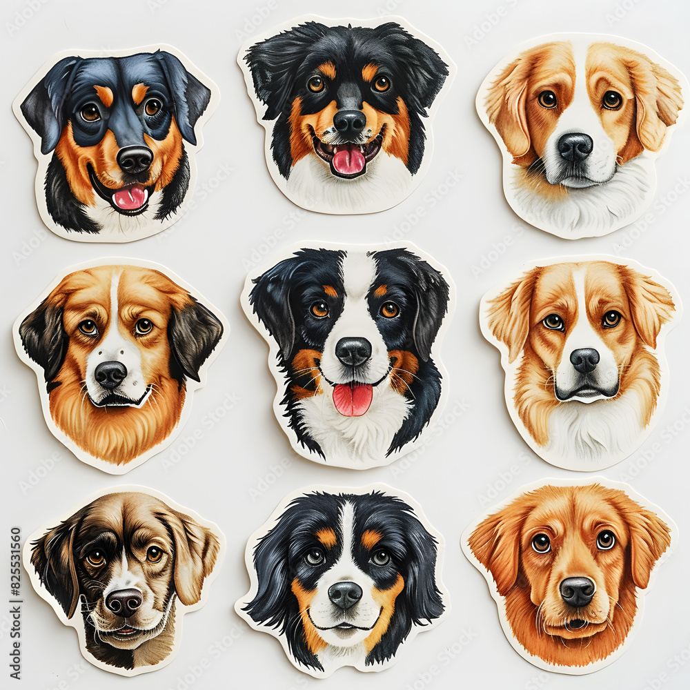 Cute happy doggie head stickers pack with different emotions on a white background Cute happy doggie head stickers pack with different emotions on a white background