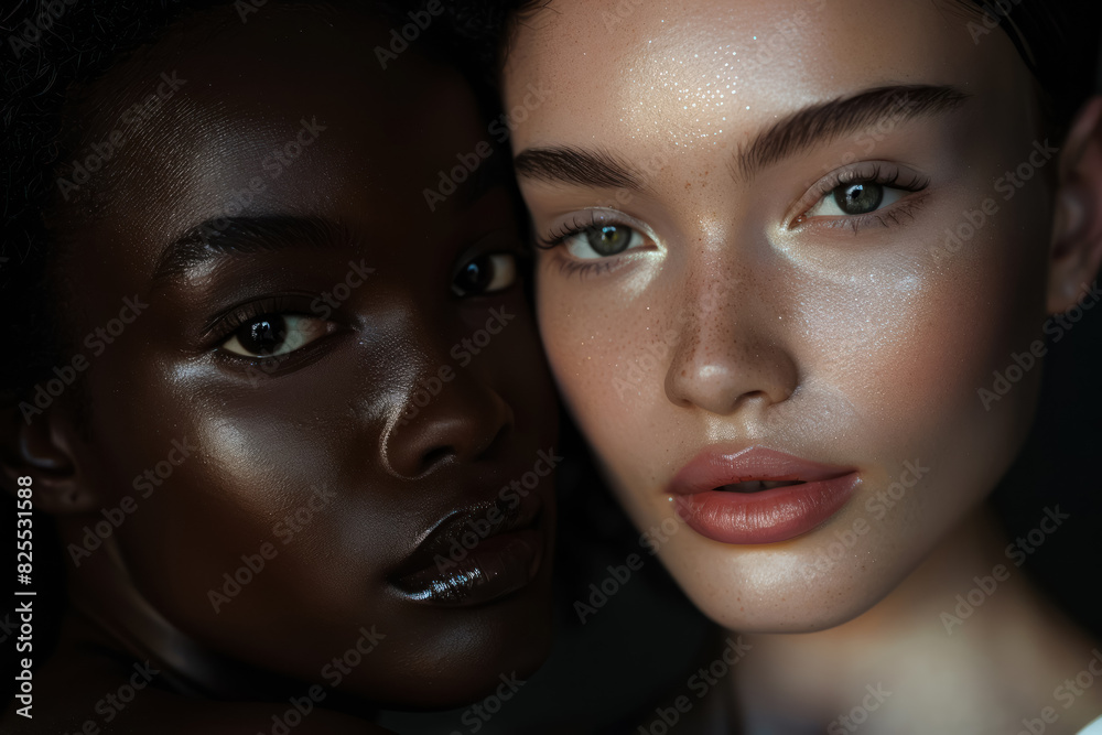 dramatic beauty shot of two women, one with glistening skin, against a dark background emphasizing their distinct features dramatic beauty shot of two women, one with glistening skin, against a dark background emphasizing their distinct features