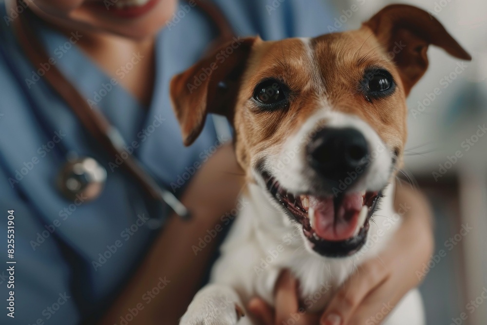 Happy dog receiving loving care from a cheerful veterinarian during a joyful checkup at a small animal veterinary clinic Happy dog receiving loving care from a cheerful veterinarian during a joyful checkup at a small animal veterinary clinic