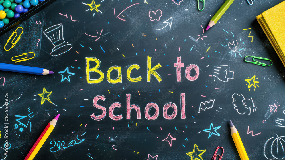 vibrant and colorful back to school concept on blackboard with doodles and text, supplies in foreground vibrant and colorful back to school concept on blackboard with doodles and text, supplies in foreground