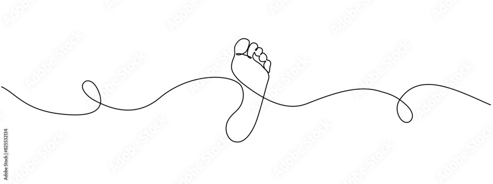 Barefoot drawn in one continuous line. Female footprint in a simple linear style. Foot massage and cosmetic foot care concept. Vector editable illustration