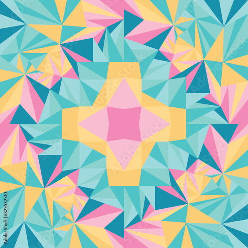 Triangles mandala in a have fun colors pallete and four corners star pink 