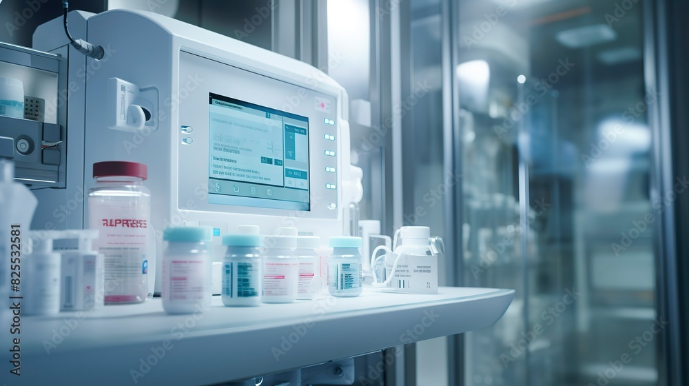A photo of an automated medication dispensing system. A photo of an automated medication dispensing system.
