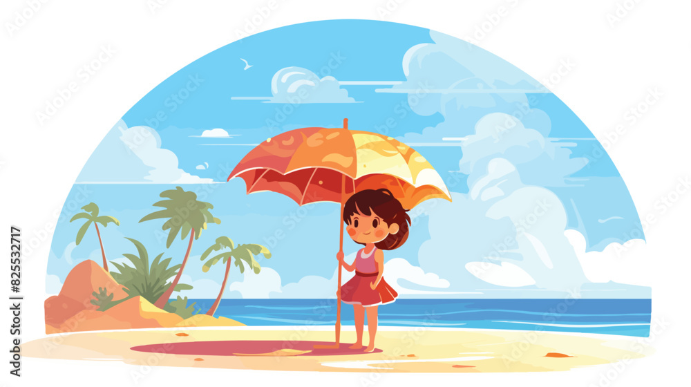 Child girl under sun umbrella by the sea flat vecto