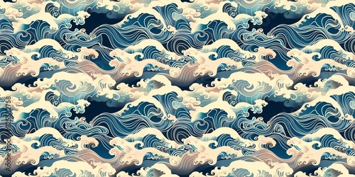 Seamless pattern of vintage Japanese oriental swirl sea wave cloud pattern, illustration of water ocean sea pattern.