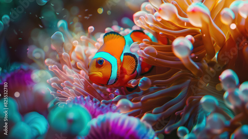 vibrant clownfish swimming among colorful sea anemones in a  vivid holographic coral reef photo