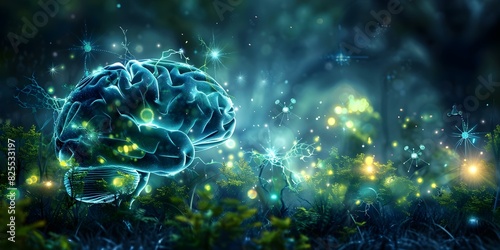 Imaginative portrayal of brain as mystical forest with glowing creatures and molecules. Concept Fantasy Art, Brain Visualization, Glowing Creatures, Mystical Forest, Molecule Depiction