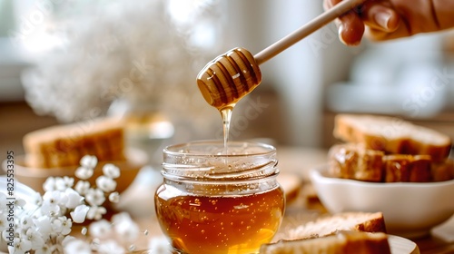 Pouring golden honey from a dipper into a glass jar. Sweet and natural breakfast setting with honey and bread in cozy kitchen. AI