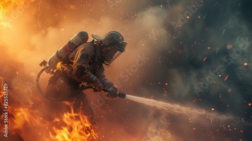 Skilled brave firefighter wearing safety gear and holding water hose to extinguish fire or prepare to put out fire. Portrait of energetic fireman wearing protective cloth and survive in fire. AIG42.