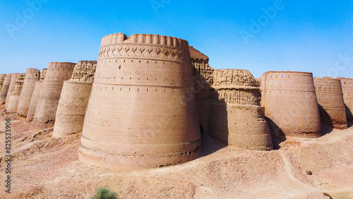 Panoramic View to the Derawar Fort. Ariel Drone View of Derawar Fort (Qila Derawar). Derawar Fort was originally founded as a Bhati fort in the 9th century CE. Qila Derawer  in Cholistan Thar Desert. photo