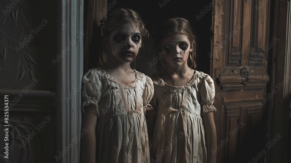 Naklejka premium Two evil little twin girls looking at camera, paranormal events, glitchy screen. Ghost activity, horror scene, tv distortion effect