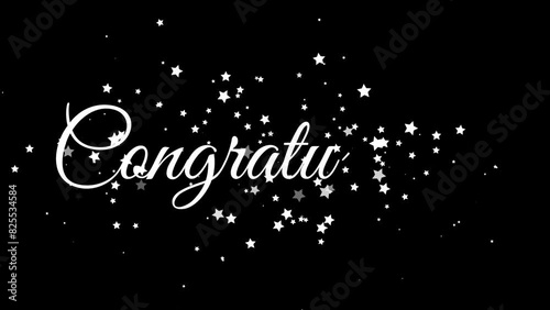 Congratulations text handwriting animation with red stars spry particles confetti sparkles white text on a black background. Suitable for celebrations, events and your other projects, calligraphy.
