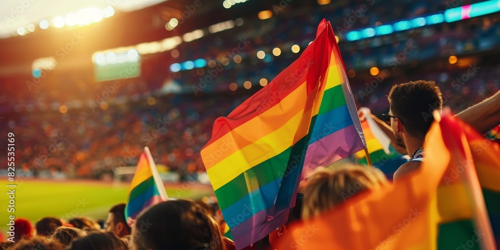Crowd of people at a stadium waving rainbow flags in support of the LGBT community. Crowd of people at a stadium waving rainbow flags in support of the LGBT community.