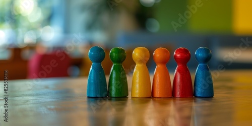 Colorful wooden figurine people in a row on a table.
