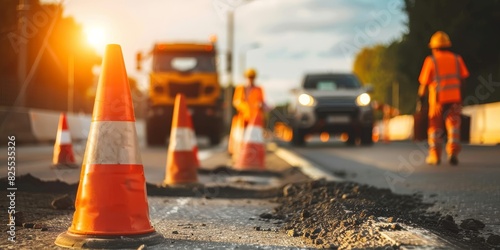 Road construction. Orange traffic cones on asphalt road with blurred cars and workers in the background.