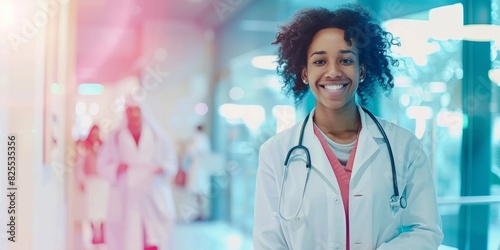 Smiling african american female doctor in white coat standing in hospital photo