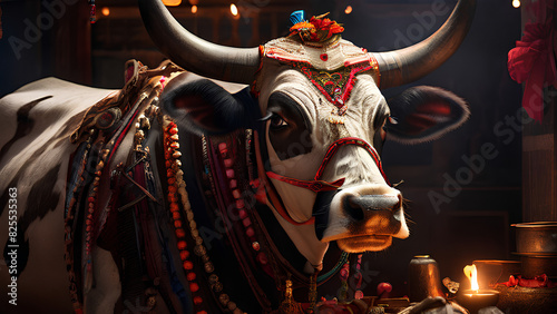 Ornately Adorned Cow Preparing for Religious Sacrifice on the occasion of Eid-ul-adha