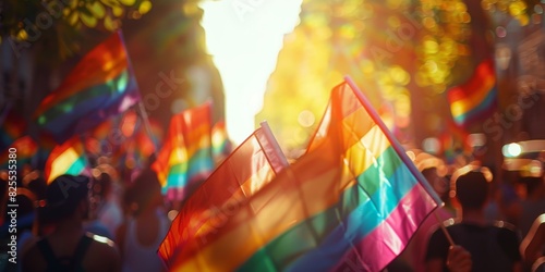 The crowd at the gay pride parade waved rainbow flags.