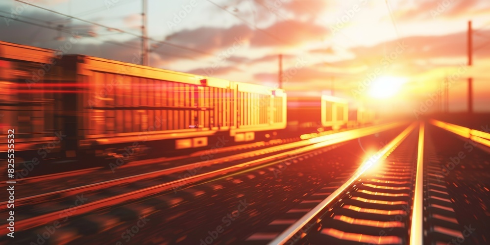 The train is a freight train. The train is moving along the tracks. The sun is setting behind the train. The sky is orange and yellow. The train is a freight train. The train is moving along the tracks. The sun is setting behind the train. The sky is orange and yellow.