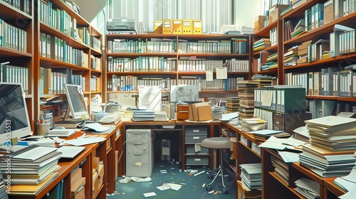 A detailed depiction of an accounting departments workspace with 56 desks, each cluttered with documents and papers, and no people present in the room