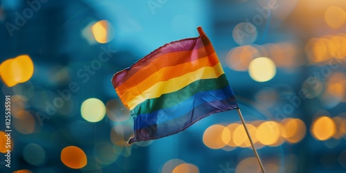 The waving rainbow flag with blurred city lights in the background. photo