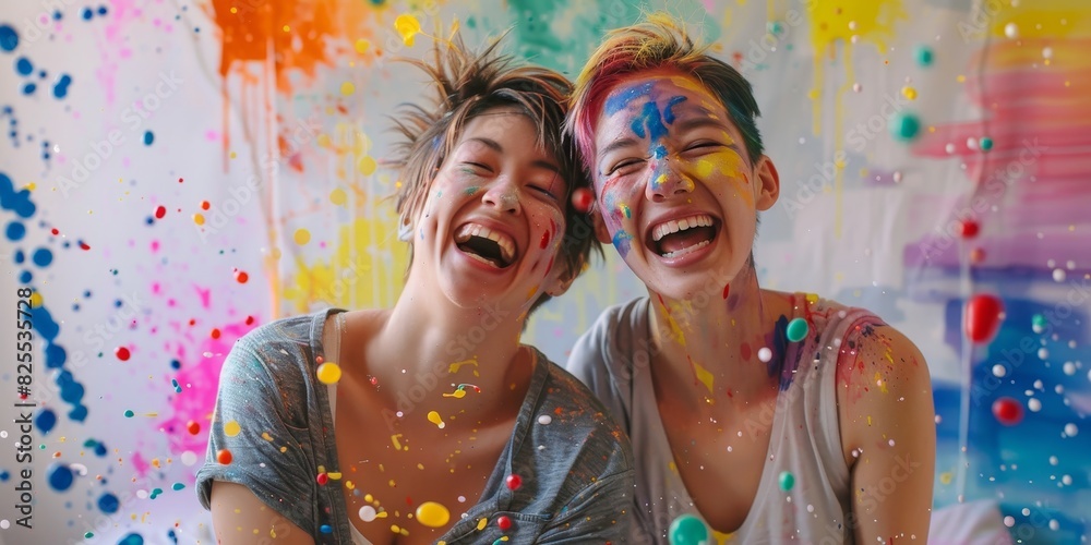 Obraz premium Two young women covered in colorful paint are laughing and having fun in a paint-splattered room.