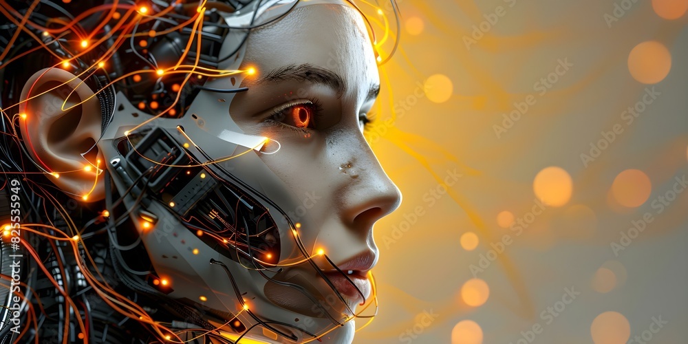 Exploring Advanced Technology: Futuristic Android Head with Visible Wires and Cybernetic Elements. Concept Futuristic Technology, Android Design, Visible Wires, Cybernetic Elements
