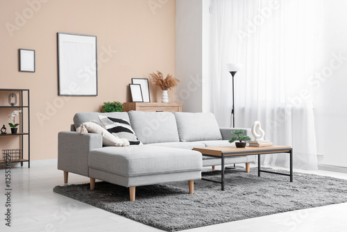 Interior of stylish living room with grey sofa  coffee table and picture