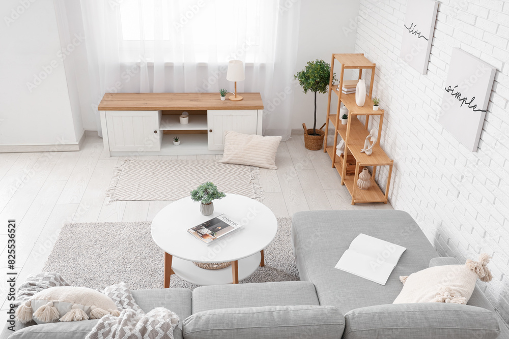 Fototapeta premium Interior of stylish living room with comfortable sofa, bench, coffee table and shelving unit
