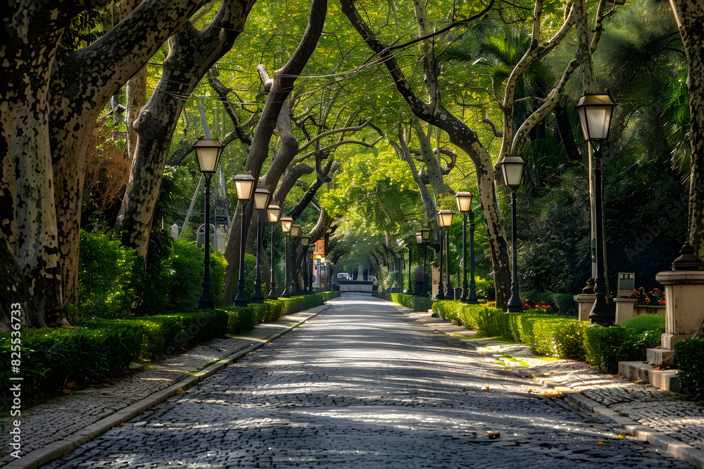 Serene Urban Avenue with Tree Canopy and Cobblestone Road Lined with Historic Architecture