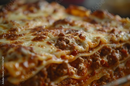 Closeup photography of a delicious, homemade italian baked lasagna, showcasing layers of pasta, savory meat sauce, melted cheese, and a hearty crust