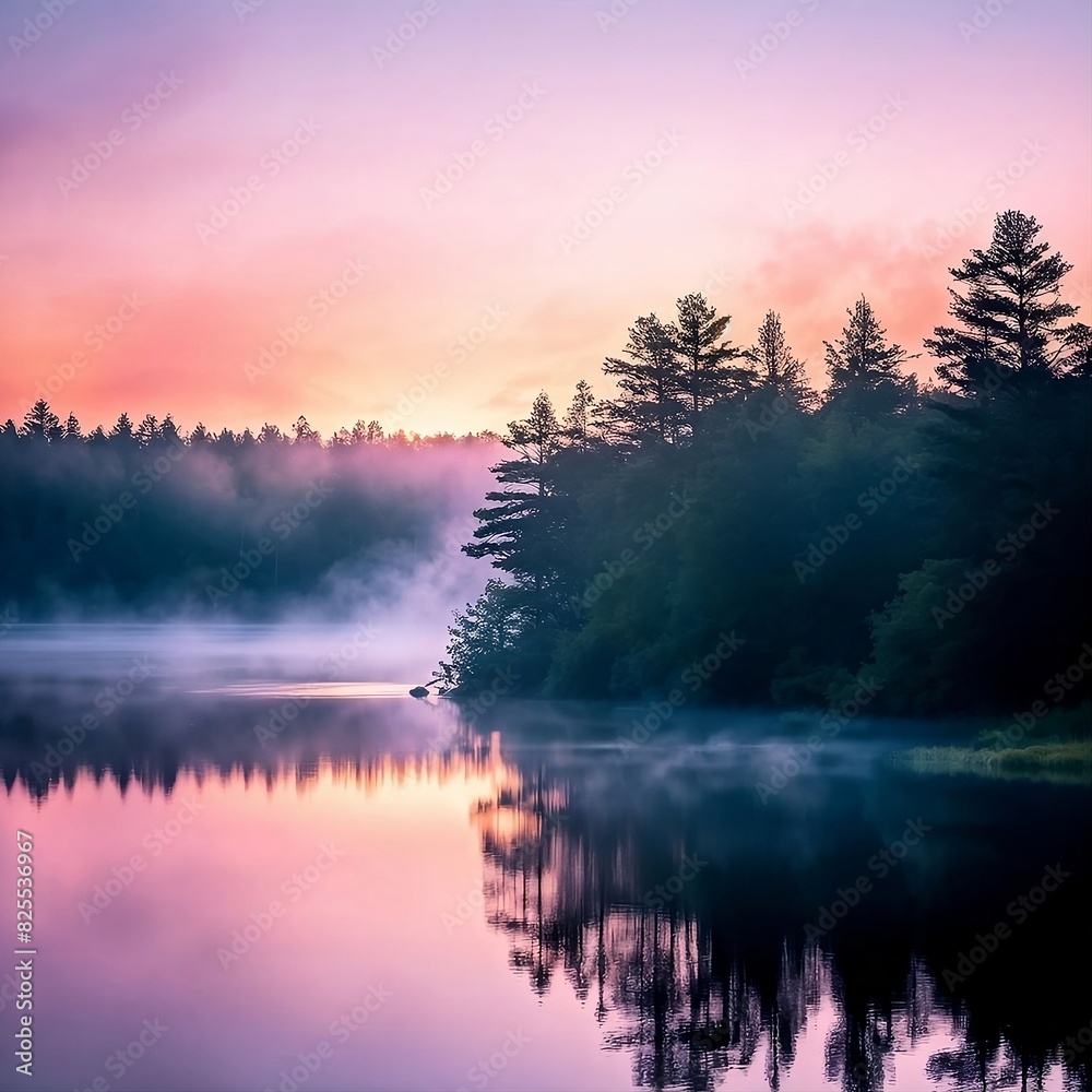 神秘的な森の湖畔の朝の景色