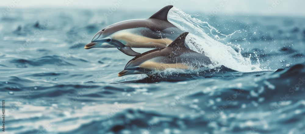 Two dolphins jumping together above ocean waves, with dynamic water splashes Two dolphins jumping together above ocean waves, with dynamic water splashes