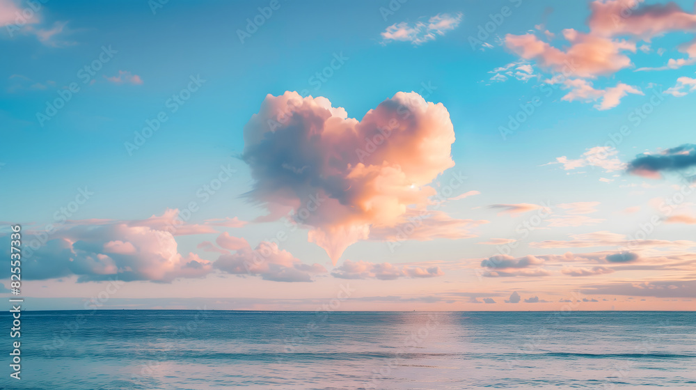 Heart-Shaped Cloud Over Tranquil Ocean at Sunset with Colorful Sky as Symbol of Hope and Love, Copy Space Heart-Shaped Cloud Over Tranquil Ocean at Sunset with Colorful Sky as Symbol of Hope and Love, Copy Space