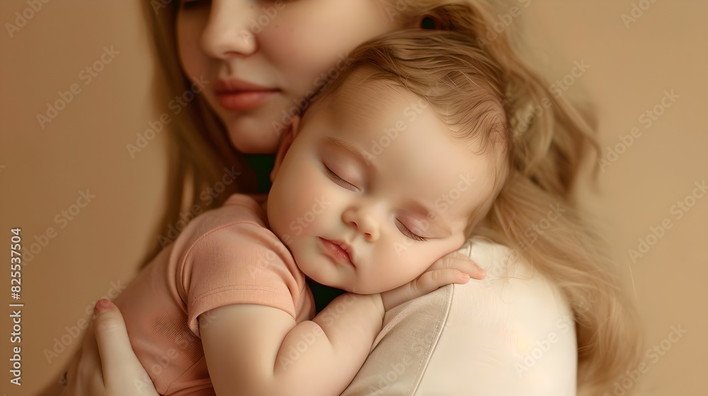 Tender moment between a mother and her baby. Warm soft color palette emphasizes love. Perfect for family and parenting themes. Emotional and sweet. AI