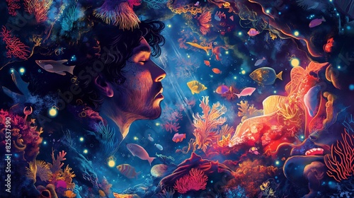 A dreamy  surreal illustration of a man s face blending with an underwater scene filled with vibrant coral and fish  creating a mesmerizing and imaginative depiction.