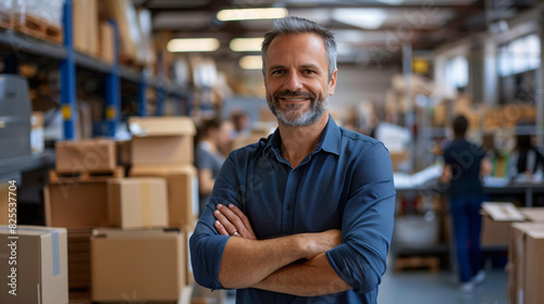 Confident warehouse manager in storage facility