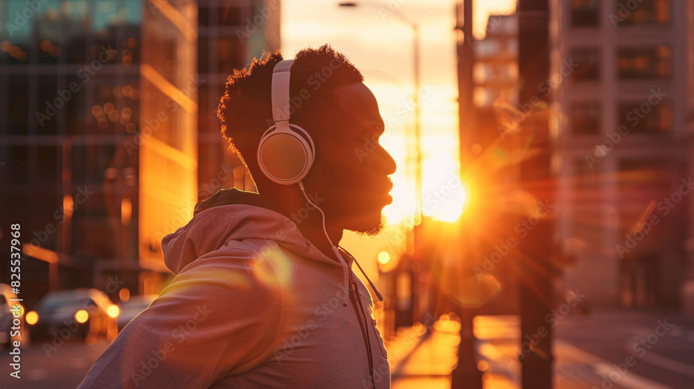 Man enjoying music at sunset in the city