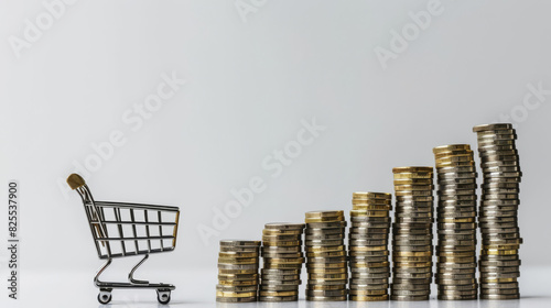 Visual metaphor for inflation featuring coin stacks and a miniature shopping cart