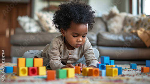 Toddler engaged in play with colorful blocks on floor