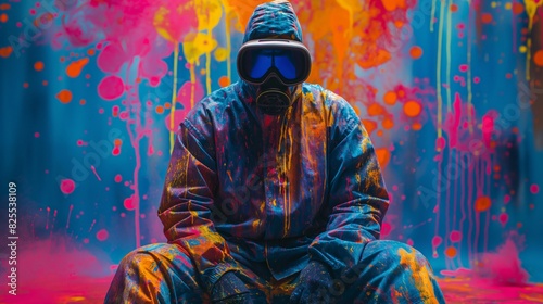 Person in a hazmat suit sitting against a vibrant, colorful spray paint background, blending safety with artistic expression. photo