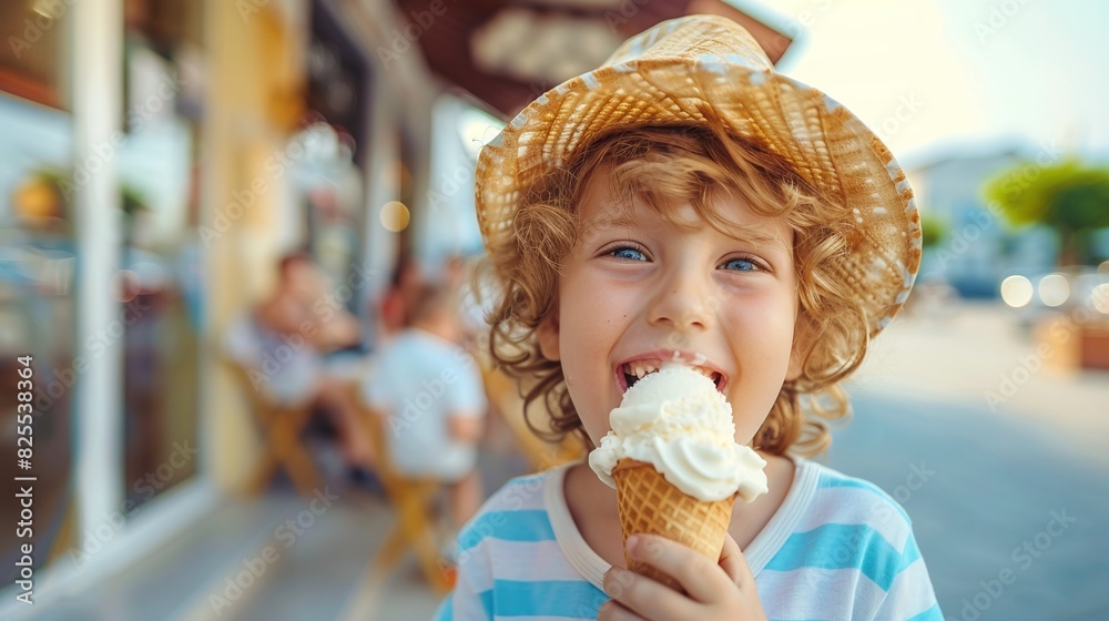 a boy wearing a straw hat and eating ice cream, a child eating ice cream in summer a boy wearing a straw hat and eating ice cream, a child eating ice cream in summer