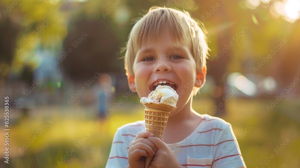 a boy is eating ice cream in the park, a child eating ice cream in summer a boy is eating ice cream in the park, a child eating ice cream in summer