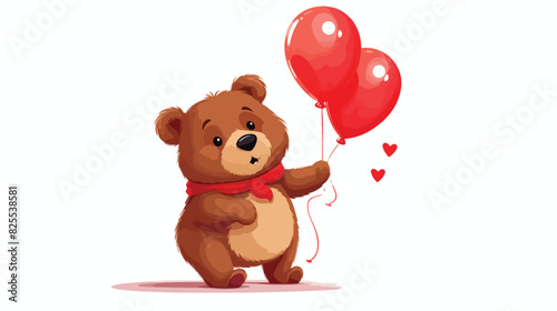 Cute and funny bear holding red heart shaped balloo