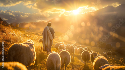 Shepherd leading flock at sunset in mountains photo