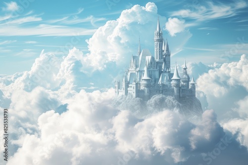 A beautiful castle in a cute, magical kingdom tucked behind a cloud, Majestic castle kingdom on sky and clouds photo