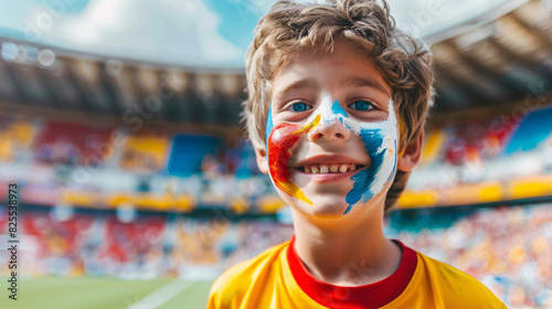Happy child with painted flag at stadium photo