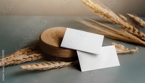 Two white business cards are on a wooden surface with some wheat